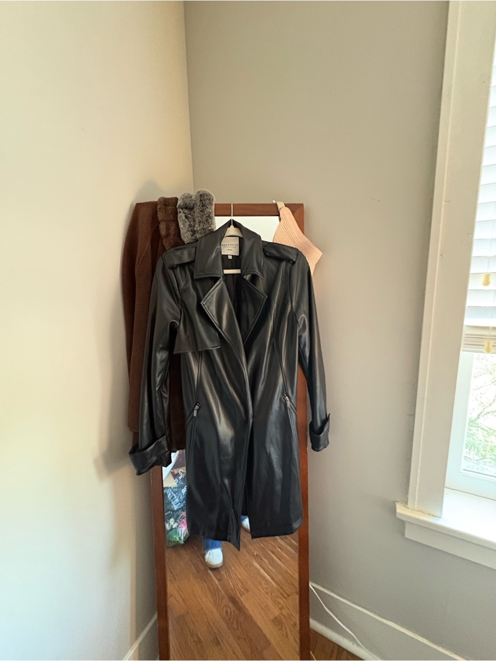 Black Faux Leather Trench Coat - Women